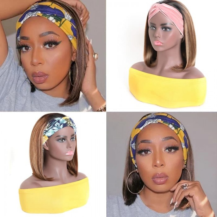 Honey Blond Highlight Bob Wigs Straight Human Hair Headband Wig