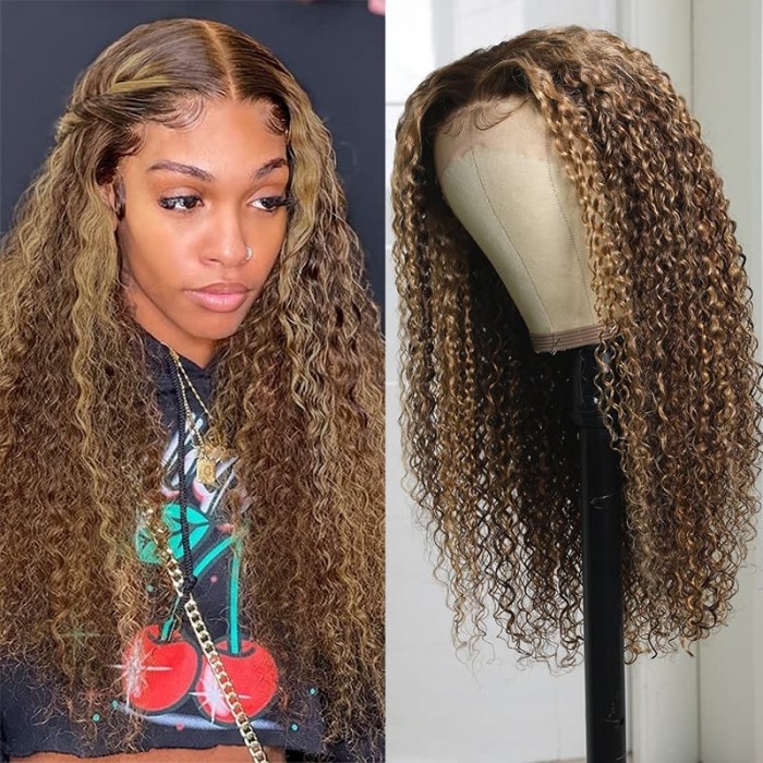 Incolorwig #TL412 Highlight Jerry Curly Hair 13x5 Lace Front T Part Wigs Honey Blonde Wigs With Baby Hair