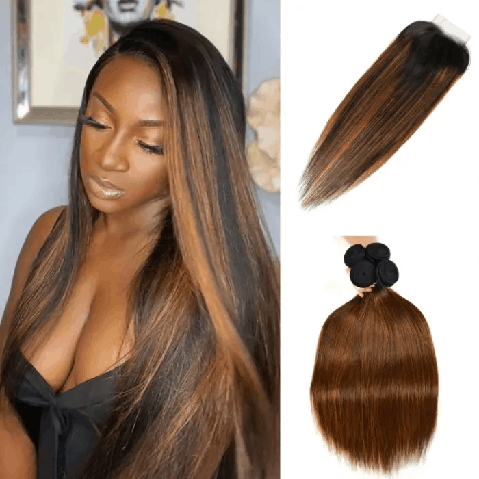 Incolorwig Ombre Highlights Color Straight Virgin Human Hair 4 Bundles With 4x4 Lace Closure