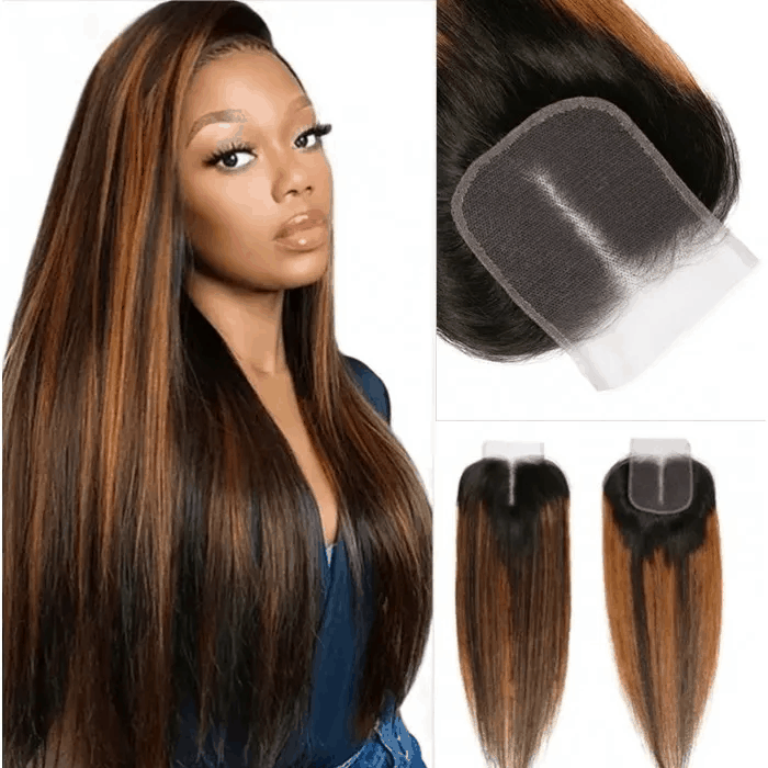 Incolorwig Ombre Highlights Color Straight Virgin Human Hair 4 Bundles With 4x4 Lace Closure