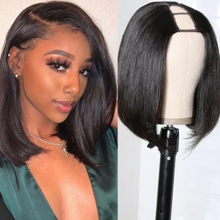 Incolorwig Natural Black Straight Hair Bob Wigs U Part Wig 2x4 Opening Size Middle Part Blunt Cut Bob