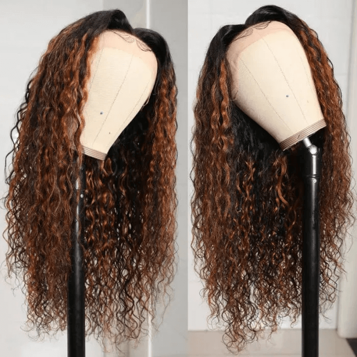 Incolorwig Chocolate Brown Color Highlight Water Wave Wig 13*4 Lace Front Wigs 150% Desnity Ombre Wig