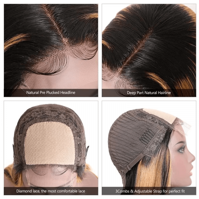 Incolorwig Ombre Highlight Piano Color Short Bob Wigs Pre-plucked #TP1B30 T Part Wig 150% Density