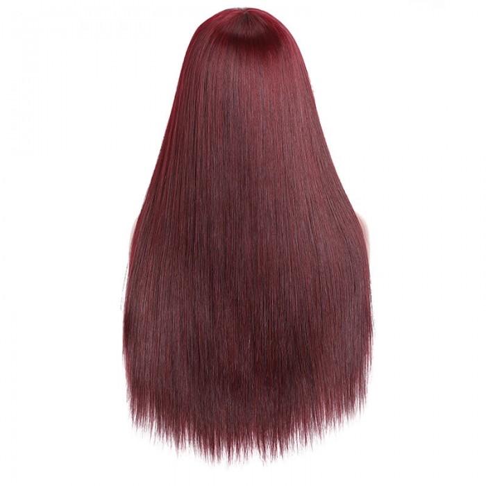 Incolorwig 99J Silk Straight Hair Wigs with Bangs Glueless capless Wigs for Women 99j Red Human Hair Wig