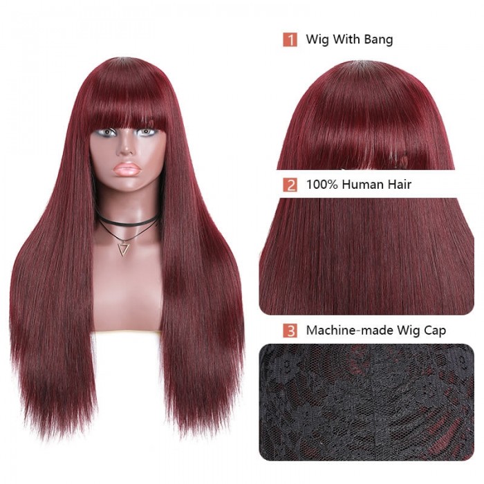 Incolorwig 99J Silk Straight Hair Wigs with Bangs Glueless capless Wigs for Women 99j Red Human Hair Wig
