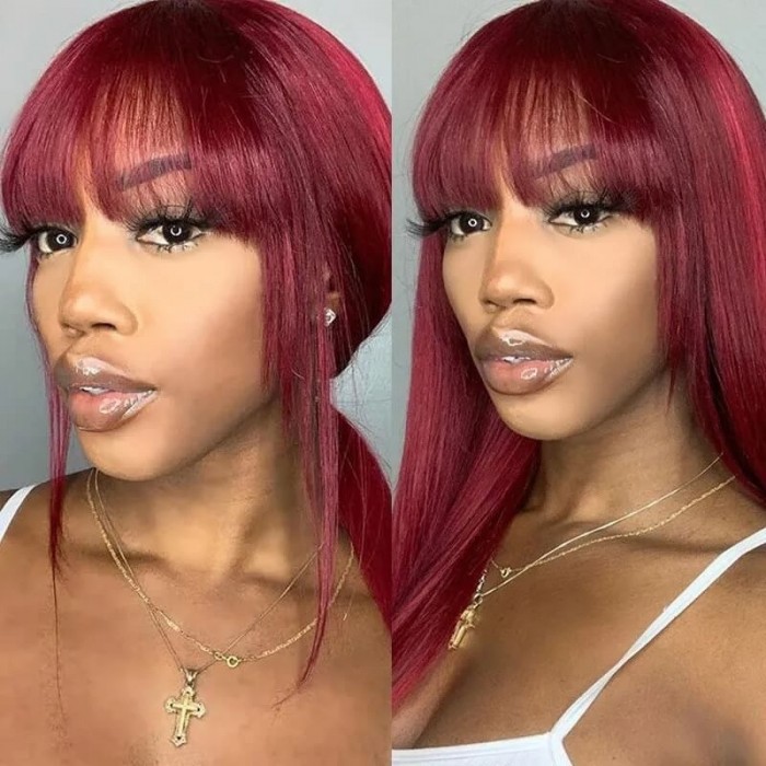 Incolorwig 99J Silk Straight Hair Wigs with Bangs Glueless capless Wigs for Women 99j Red Human Hair Wig