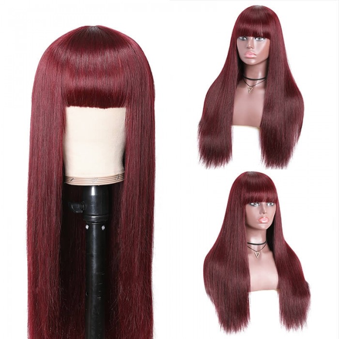 Incolorwig 99J Silk Straight Hair Wigs with Bangs Glueless capless Wigs for Women 99j Red Human Hair Wig