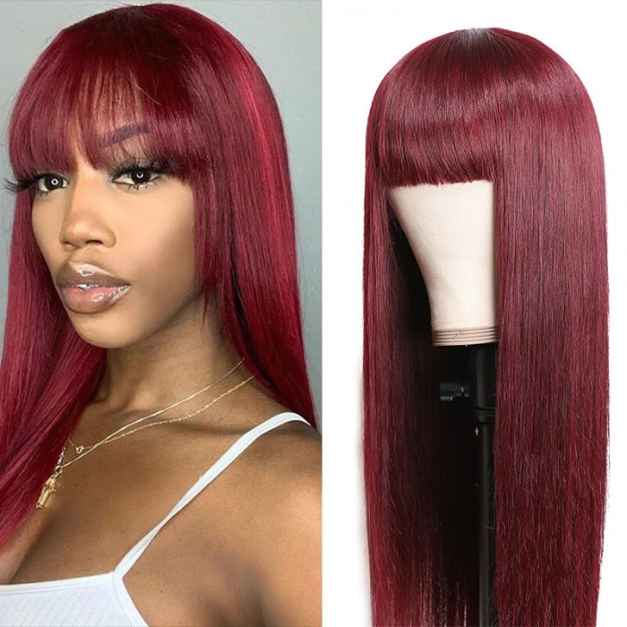 Incolorwig 99J Silk Straight Hair Wigs with Bangs Glueless capless Wigs for Women 99j Red Human Hair Wig