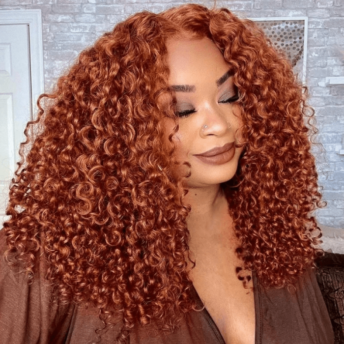 Incolorwig Auburn Coily Middle Part Human Hair Lace Wigs Orange Color Jerry Curly T Part Wig