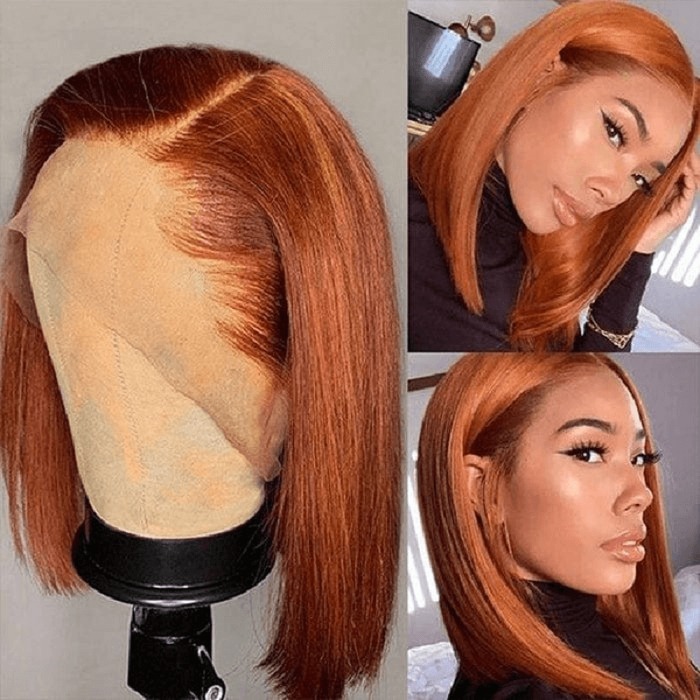 Incolorwig Blunt Cut Bob 13x4 Lace Front Wigs Auburn Brown With Copper Highlights Straight Human Hair Wigs