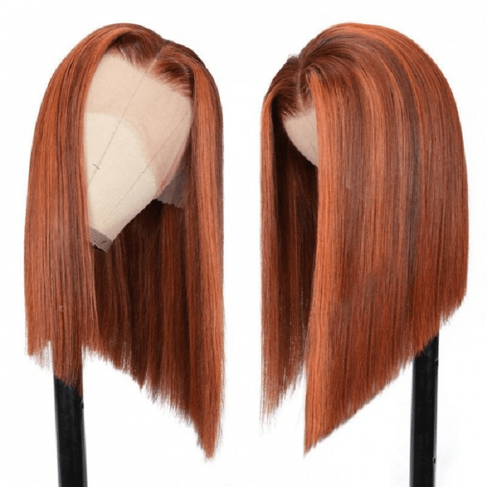 Incolorwig Blunt Cut Bob 13x4 Lace Front Wigs Auburn Brown With Copper Highlights Straight Human Hair Wigs