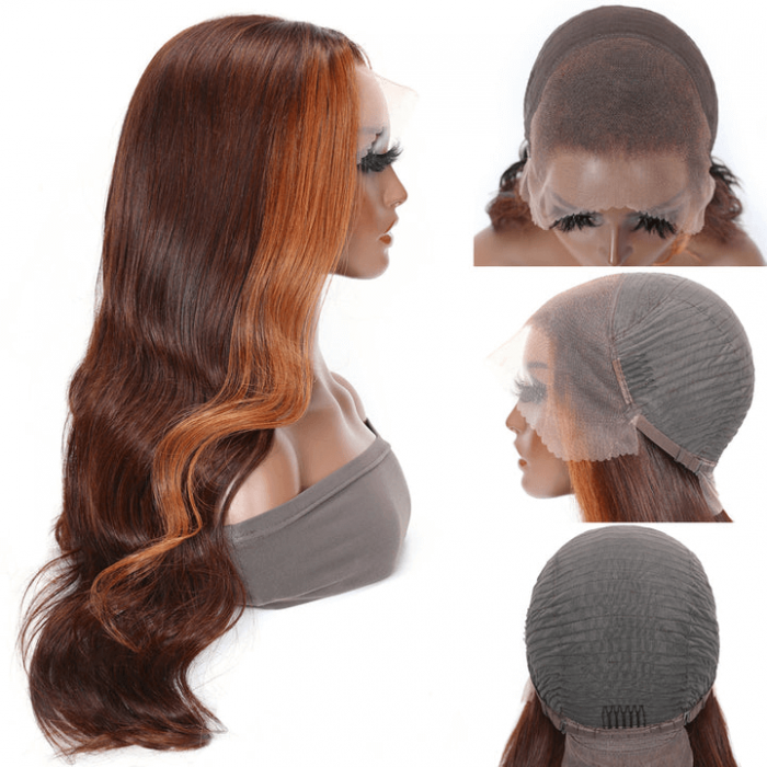Incolorwig Body Wave 13*4 Lace Front Wig Pre Plucked Money Piece Dark Brown With Face Frame Highlight Wigs