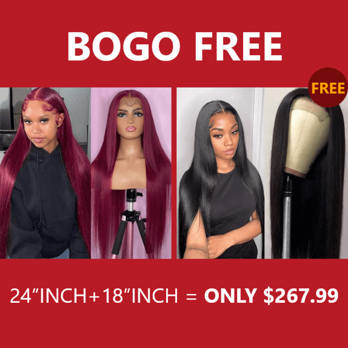 Incolorwig 24 Inch 99J Lace Part Wigs Long Straight Human Hair Wigs Natural Black Middle Part Human Hair Wig Bogo Free