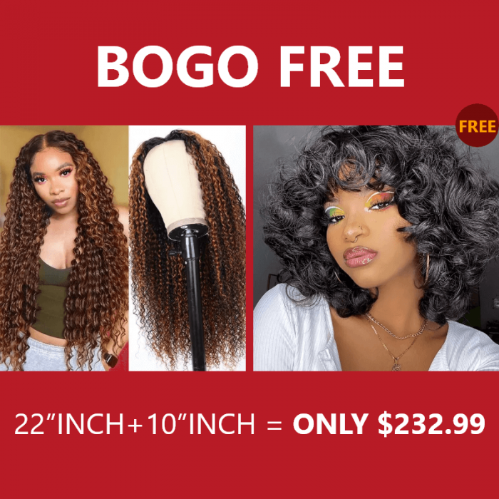 Incolorwig 22 Inch Balayage Highlight Color Wigs Jerry Curly V Part Wig Best Bouncy Curly Hair Black Wigs Bogo Free