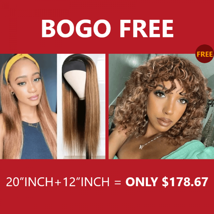 Incolorwig 20 Inch Honey Blond Highlight Headband Wig Deep Wave Machine Made Colored Wig With Bangs Bogo Free