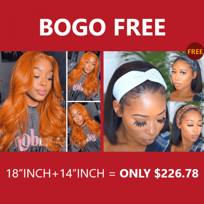 Incolorwig 18 Inch Ginger Orange Body Wave 13*4 Lace Front Wig Short Bob Headband Wig Bogo Free