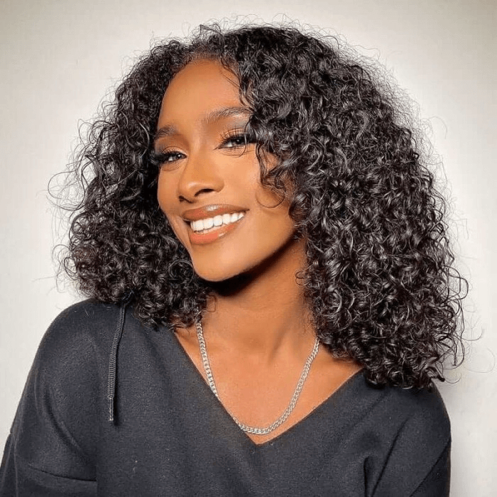 Incolorwig Bouncy Curly Human Hair Bob Wigs Natural Black Glueless Wigs 200% Density Jet Black And #1B Hair