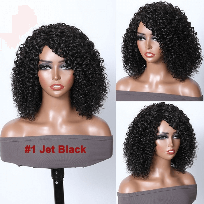 Incolorwig Bouncy Curly Human Hair Bob Wigs Natural Black Glueless Wigs 200% Density Jet Black And #1B Hair