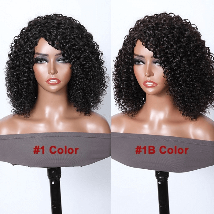 Incolorwig Bouncy Curly Human Hair Bob Wigs Natural Black Glueless Wigs 200% Density Jet Black And #1B Hair