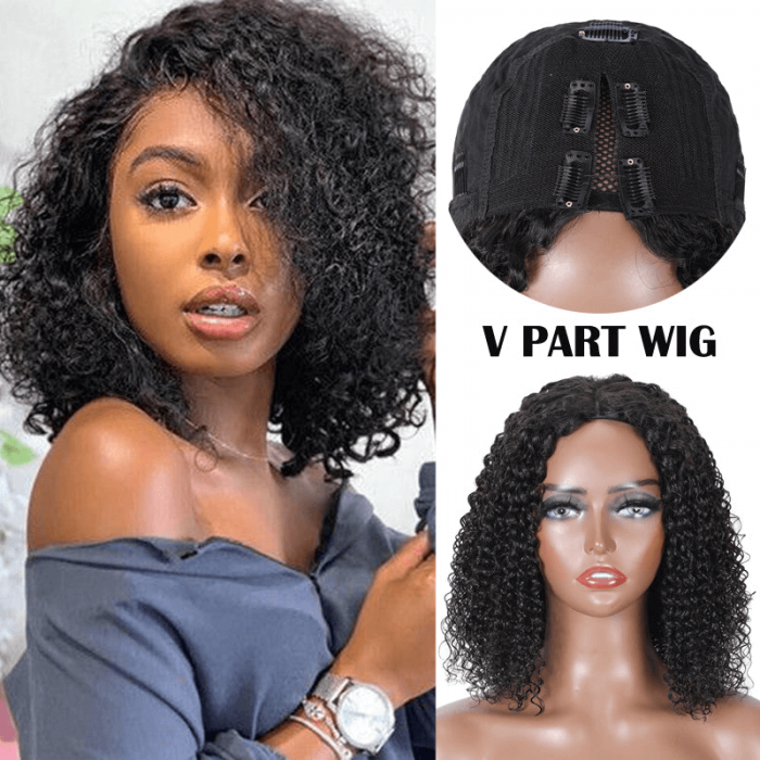 Incolorwig Fashion Short Cut Bob Wigs Natural Black Jerry Curly V Part Glueless Wigs For Women
