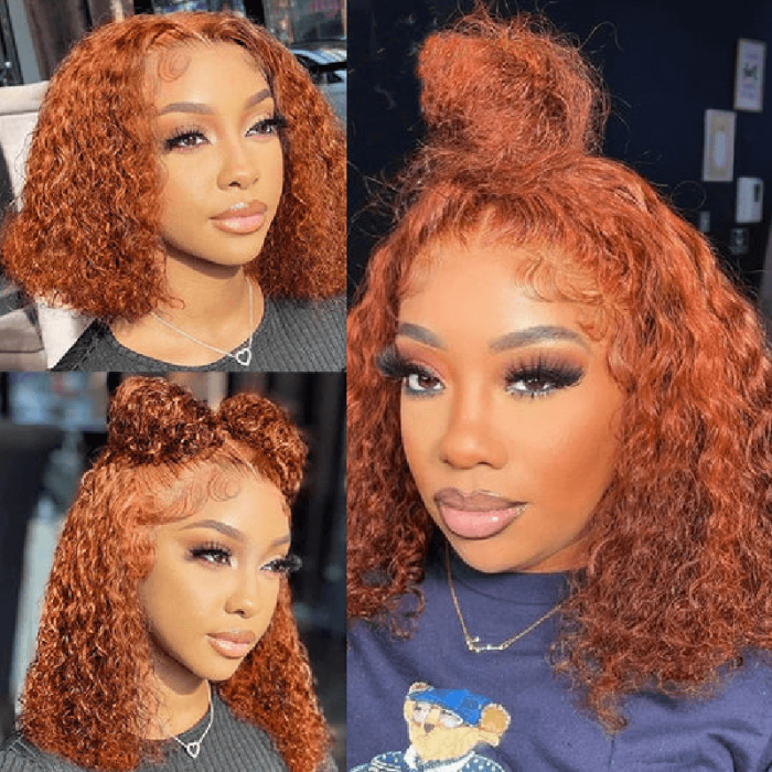 Incolorwig Ginger Orange Bob Wig Colored Water Wave T Part Lace Wigs Pre-Plucked With Hairline