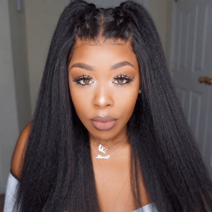 Incolorwig Glueless Kinky Straight Lace Part Wigs Realistic Natural Black Human Hair Wig