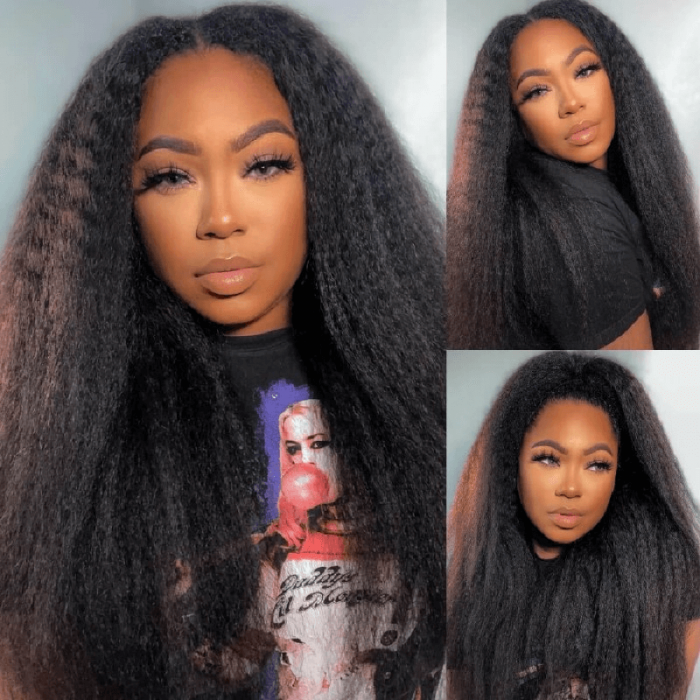 Incolorwig Glueless Kinky Straight Lace Part Wigs Realistic Natural Black Human Hair Wig