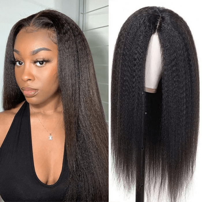 Incolorwig Glueless Kinky Straight Lace Part Wigs Realistic Natural Black Human Hair Wig