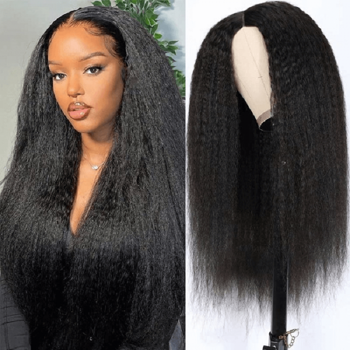 Incolorwig Glueless Kinky Straight Lace Part Wigs Realistic Natural Black Human Hair Wig