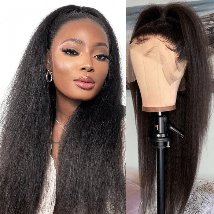 Incolorwig Glueless Kinky Straight Lace Part Wigs Realistic Natural Black Human Hair Wig
