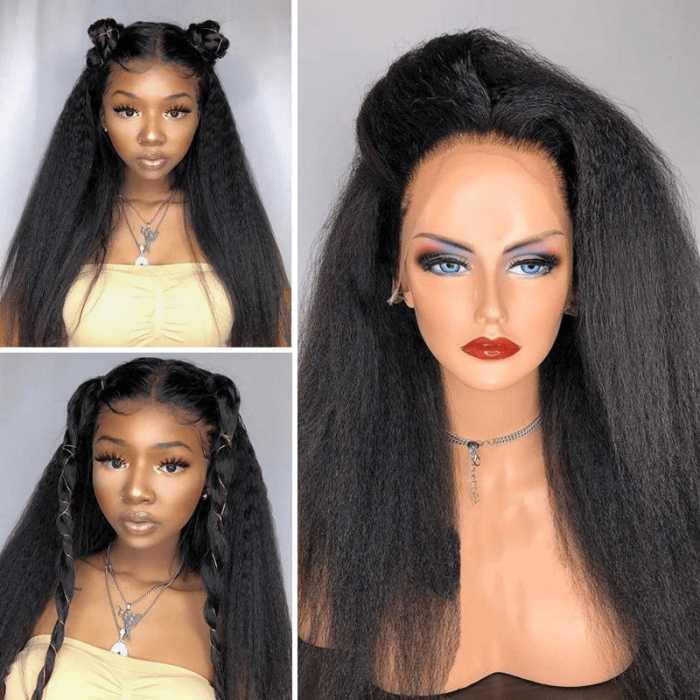 Incolorwig Glueless Kinky Straight Lace Part Wigs Realistic Natural Black Human Hair Wig