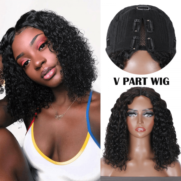 Incolorwig Glueless Water Wave Bob Wigs Beginner Friendly Natural Black Human Hair V Part Wigs