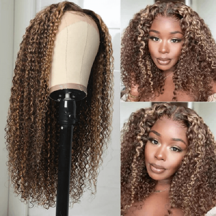 Incolorwig Honey Blonde Highlight 4x4 Lace Closure Wigs Pre Plucked Jerry Curly Omber Wigs