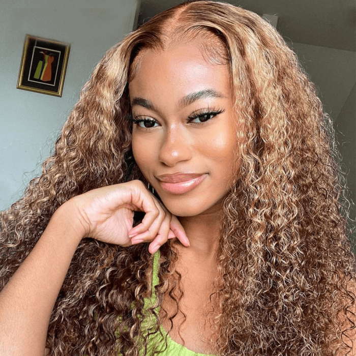 Incolorwig Honey Blonde Highlight 4x4 Lace Closure Wigs Pre Plucked Jerry Curly Omber Wigs