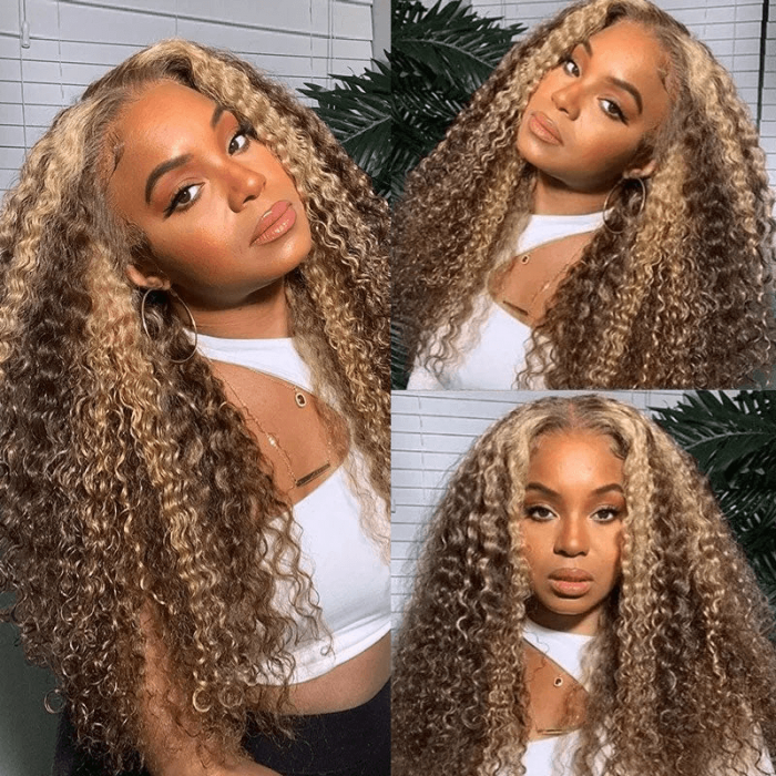 Incolorwig Honey Blonde Highlight 4x4 Lace Closure Wigs Pre Plucked Jerry Curly Omber Wigs