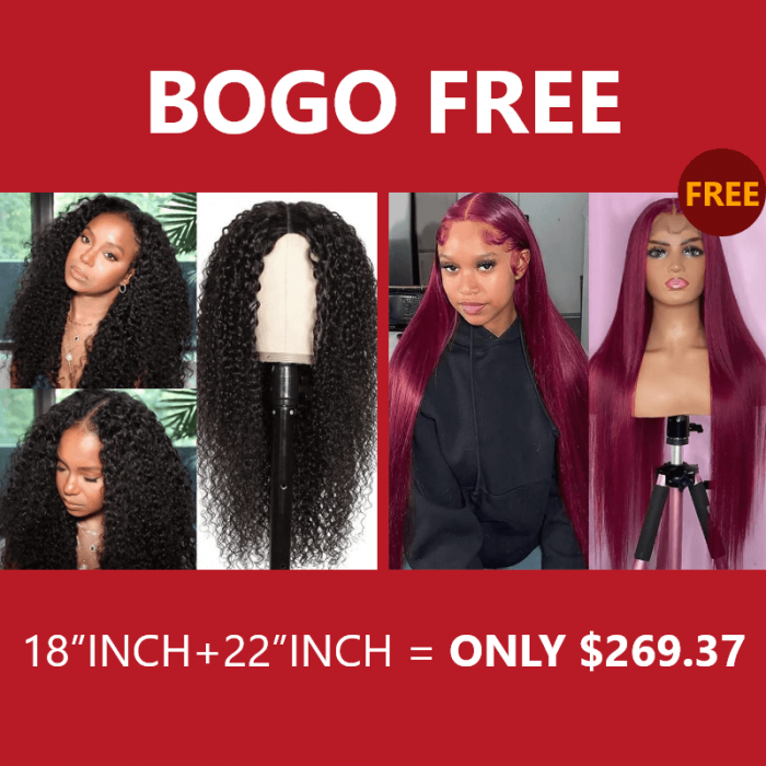 Incolorwig Jerry Curly V Part Wigs 150% Density Human Hair Wig #99J Burgundy Straight Hair Lace Part Wig Bogo Free