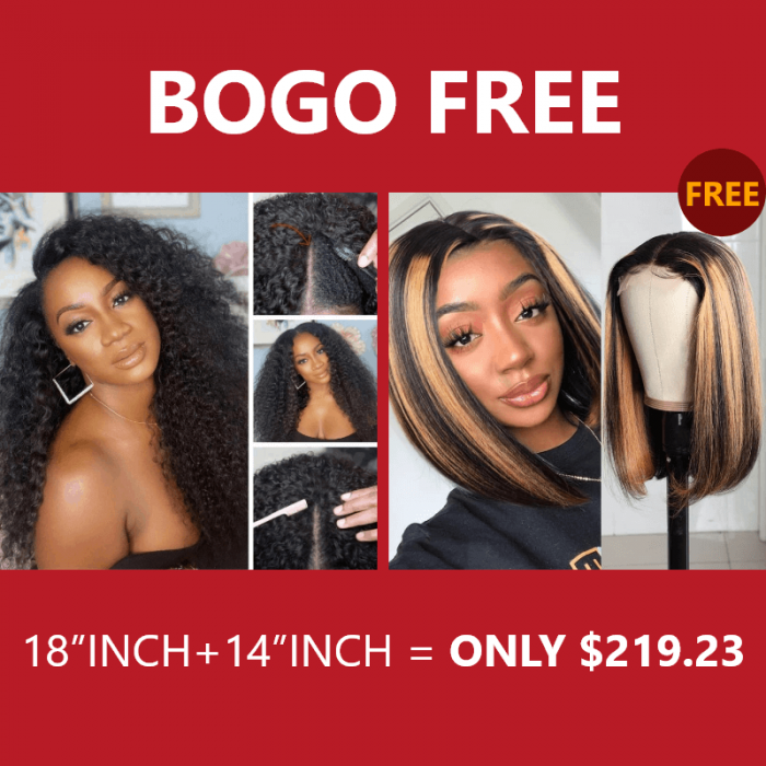 Incolorwig Jerry Curly V Part Wigs 150% Density Human Hair Wig Highlight Bob Wig Lace Part Wig Bogo Free