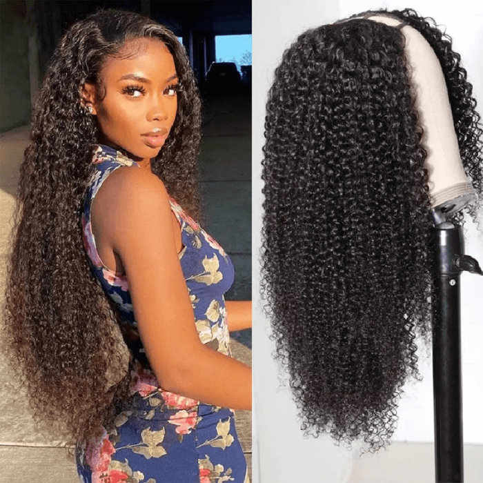 Incolorwig Natural Black Jerry Curly U Part Human Hair Wigs No Glue 150% Density Wear And Go Wigs