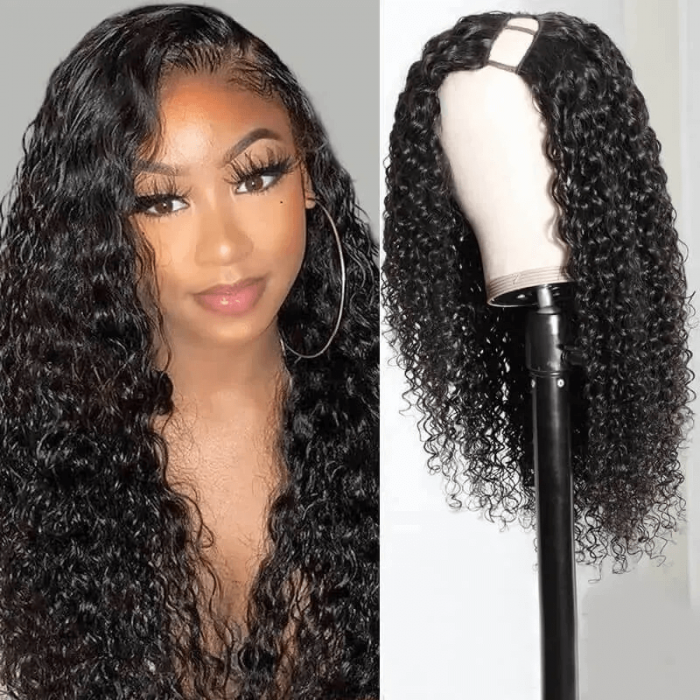 Incolorwig Natural Black Jerry Curly U Part Human Hair Wigs No Glue 150% Density Wear And Go Wigs