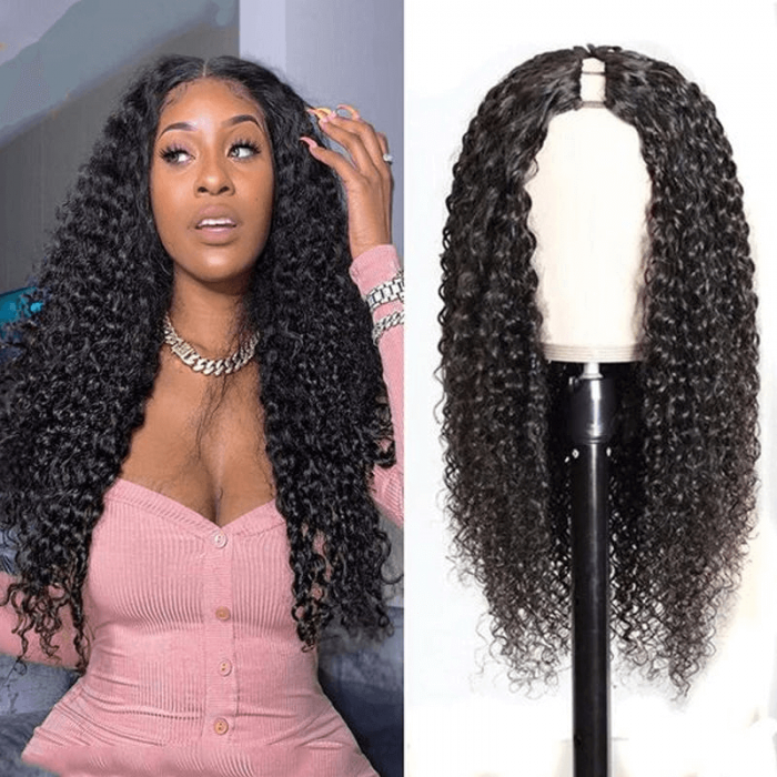 Incolorwig Natural Black Jerry Curly U Part Human Hair Wigs No Glue 150% Density Wear And Go Wigs