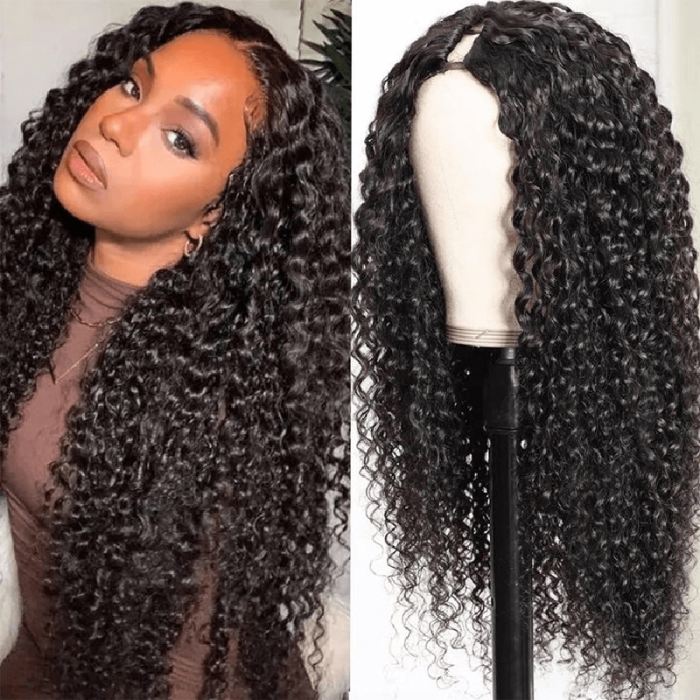 Incolorwig Natural Black Jerry Curly U Part Human Hair Wigs No Glue 150% Density Wear And Go Wigs