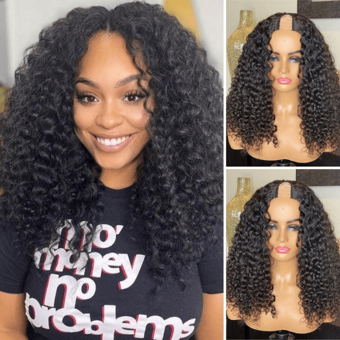 Incolorwig Natural Black Jerry Curly U Part Human Hair Wigs No Glue 150% Density Wear And Go Wigs