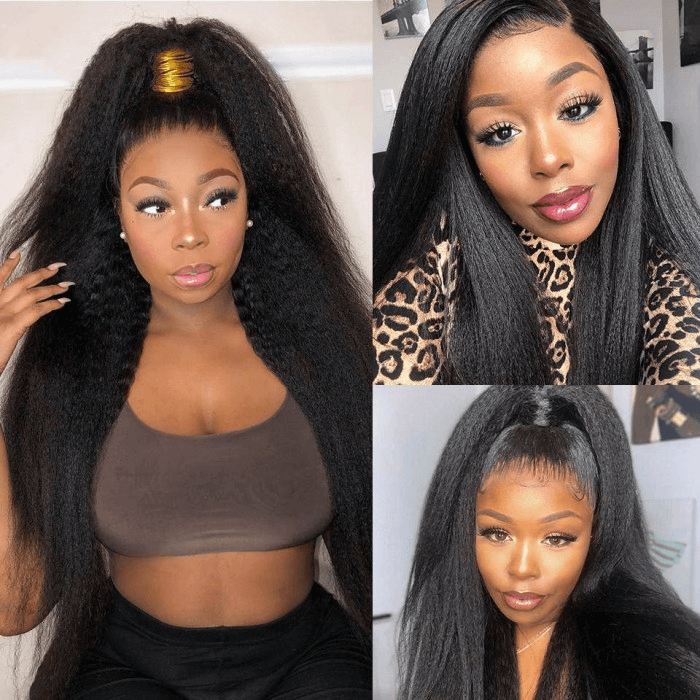 Incolorwig Natural Black Kinky Straight 13×4 Lace Frontal Wig Pre Plucked With Natural Hairline