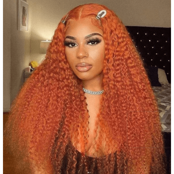 Incolorwig New Fashion Jerry Curly Lace Part Wig Ginger Orange 150% Density Colored Human Hair Wigs