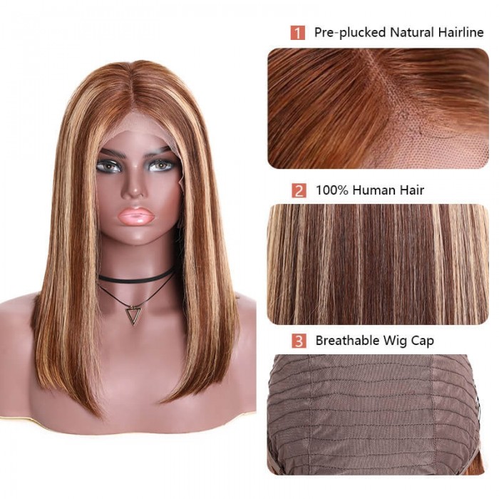 Incolorwig 13x4 Highlight Straight Bob Lace Front Human Hair Wigs 150% Density Ombre Color Pre Plucked With Baby Hair Lace Frontal Wigs For Black Women