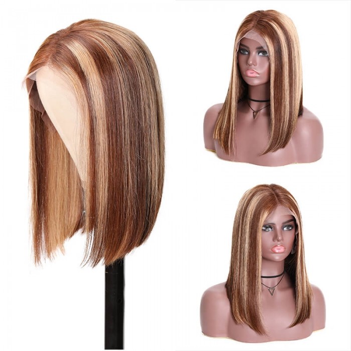 Incolorwig 13x4 Highlight Straight Bob Lace Front Human Hair Wigs 150% Density Ombre Color Pre Plucked With Baby Hair Lace Frontal Wigs For Black Women