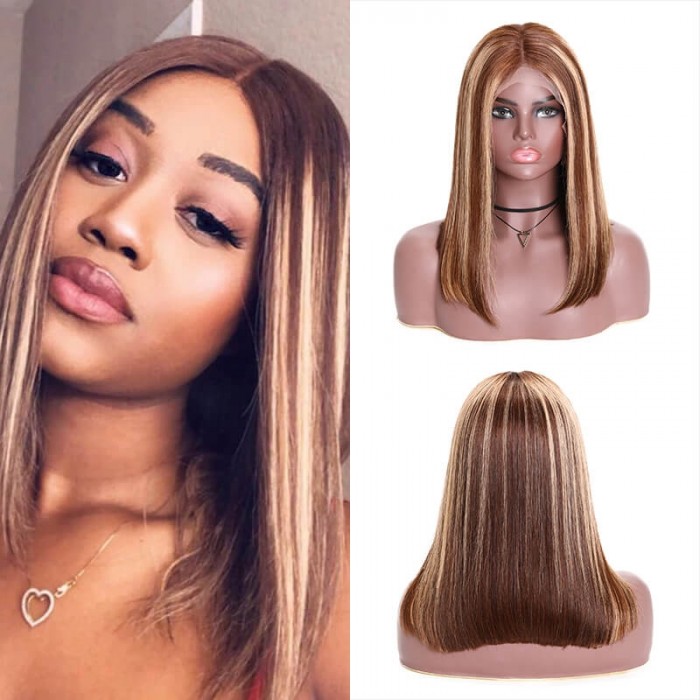 Incolorwig 13x4 Highlight Straight Bob Lace Front Human Hair Wigs 150% Density Ombre Color Pre Plucked With Baby Hair Lace Frontal Wigs For Black Women