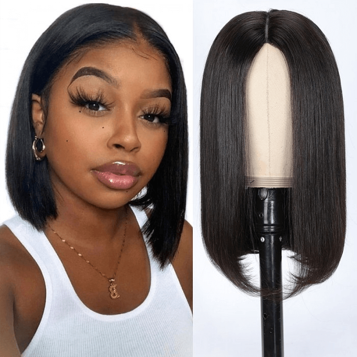 Incolorwig Short Bob V Part Wigs Deep Part Glueless Human Hair Wigs 150% Density Natural Black