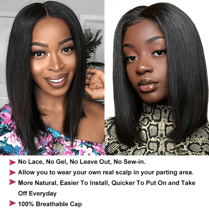 Incolorwig Short Bob V Part Wigs Deep Part Glueless Human Hair Wigs 150% Density Natural Black