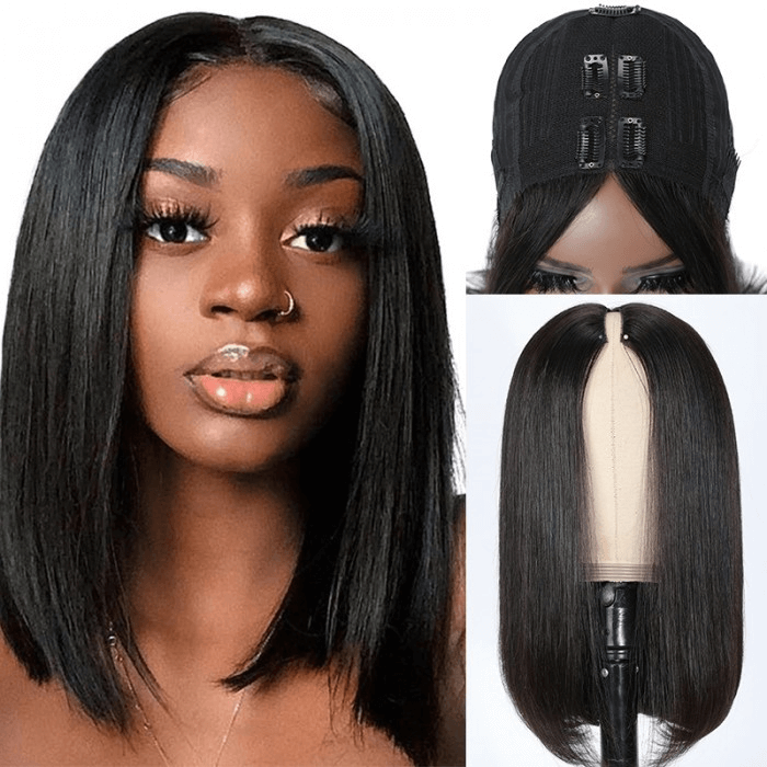 Incolorwig Short Bob V Part Wigs Deep Part Glueless Human Hair Wigs 150% Density Natural Black